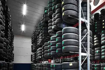 Tyres stacked ready for fitting and wheel balancing